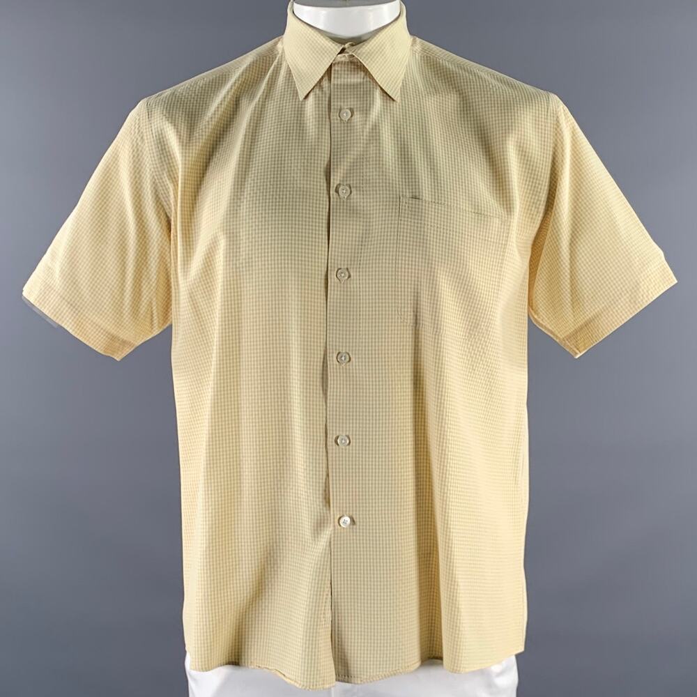 PERRY ELLIS Size L Yellow White Gingham Rayon Blend Short Sleeve Shirt
